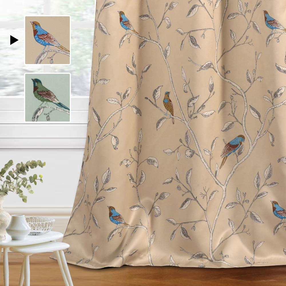H.VERSAILTEX Blackout Curtains for Bedroom 63 Inches Length Thermal Insulated Birds Rustic Printed Curtain Drapes for Living Room Energy Efficient Room Darkening Home Decoration Pair 2 Panels, Taupe